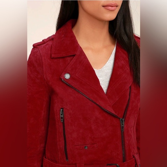Blank NYC Red Suede Leather Moto Jacket Belted Zip Pockets Backhanded Sz S - Picture 9 of 9